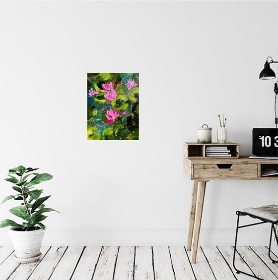 Water Lily Painting Floral Original Art Lotos Flower Oil Impasto Canvas Artwork Home Wall Art 14 by 18" by Halyna Kirichenko