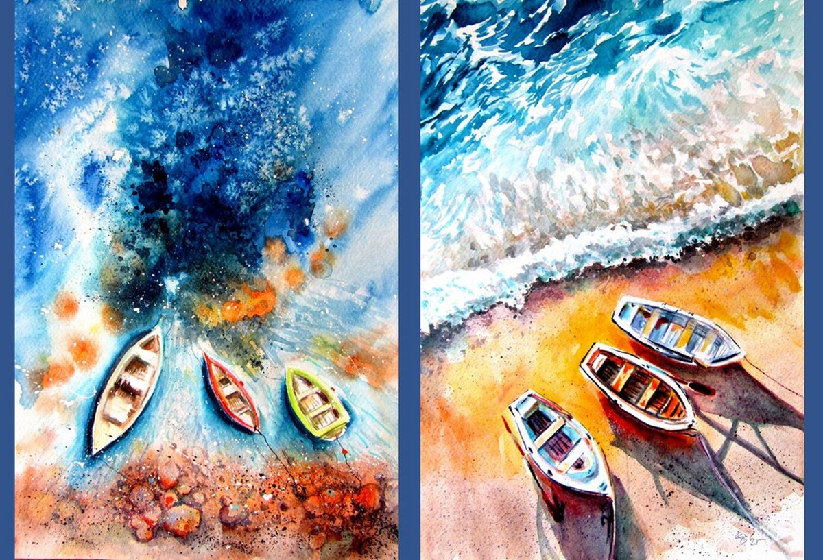 Impressionistic Watercolour , Boats Collection By Kovacs Anna Brigitta, 20 X 14, Artwork For Sale On Artfinder