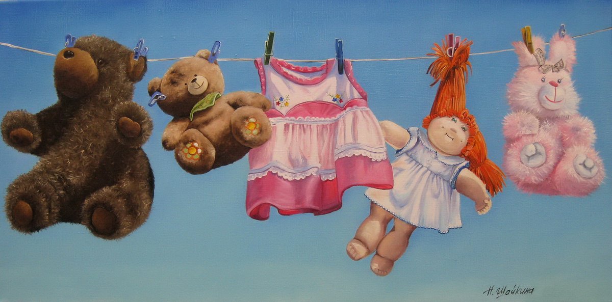 Impressionistic Still Life Oil Painting By Natalia Shaykina, 28 X 14", Toy Bears On The Clothesline, Original Artwork