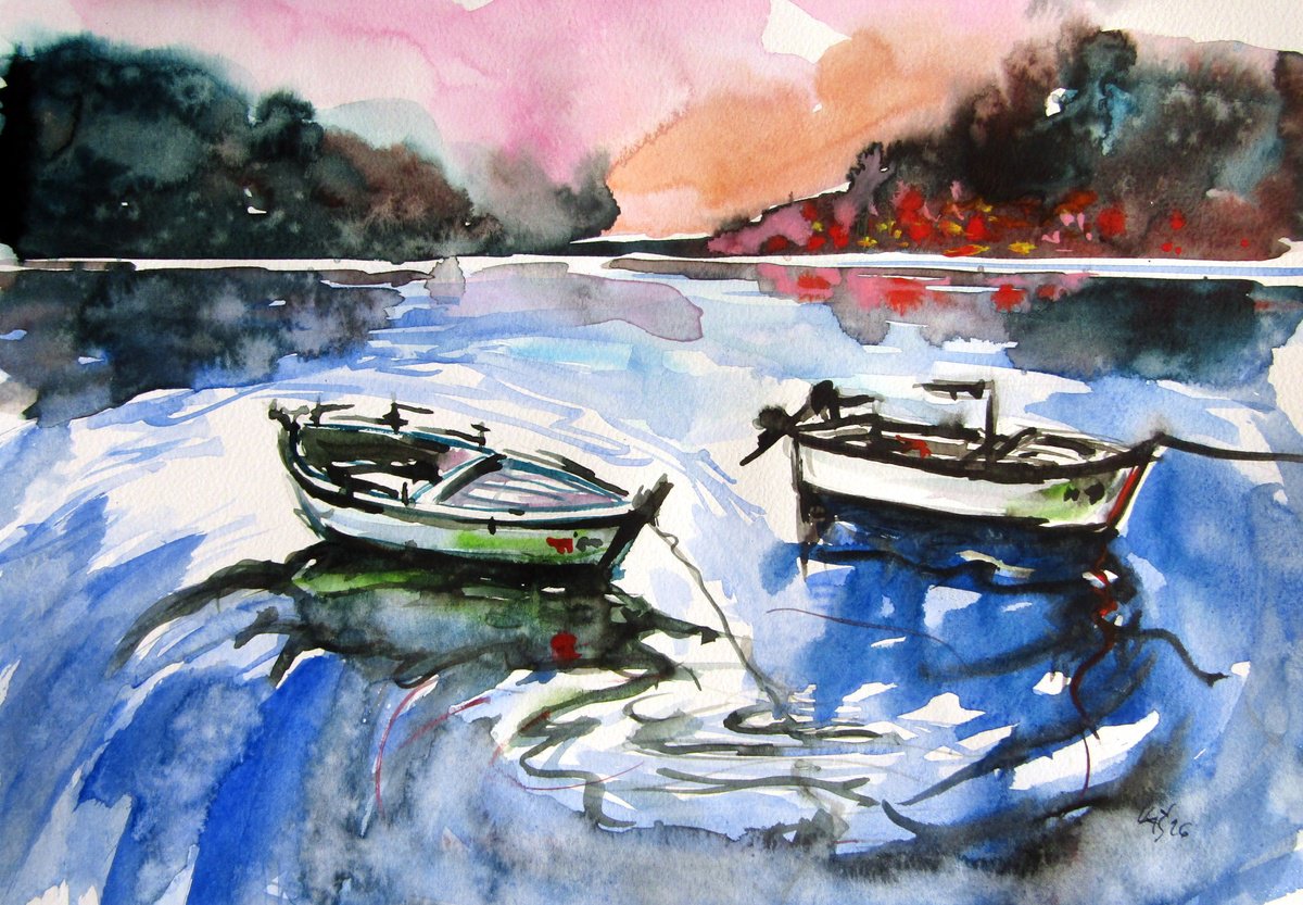 Impressionistic Watercolour , Boats Vi By Kovacs Anna Brigitta, 12 X 8, Artwork For Sale On Artfinder