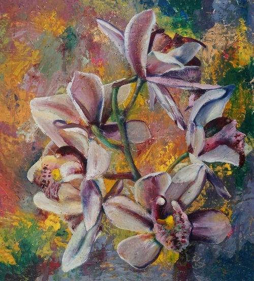 Orchid II. (hot wax on OSB) by Dora Stork