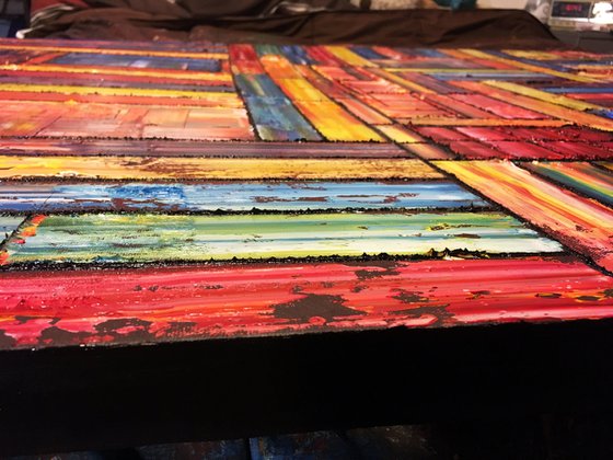 "Building A Fortress" - Original Xt Large PMS Abstract Triptych Oil Paintings On Canvas, Wooden Panels and Wooden Pieces - 108" x 48"