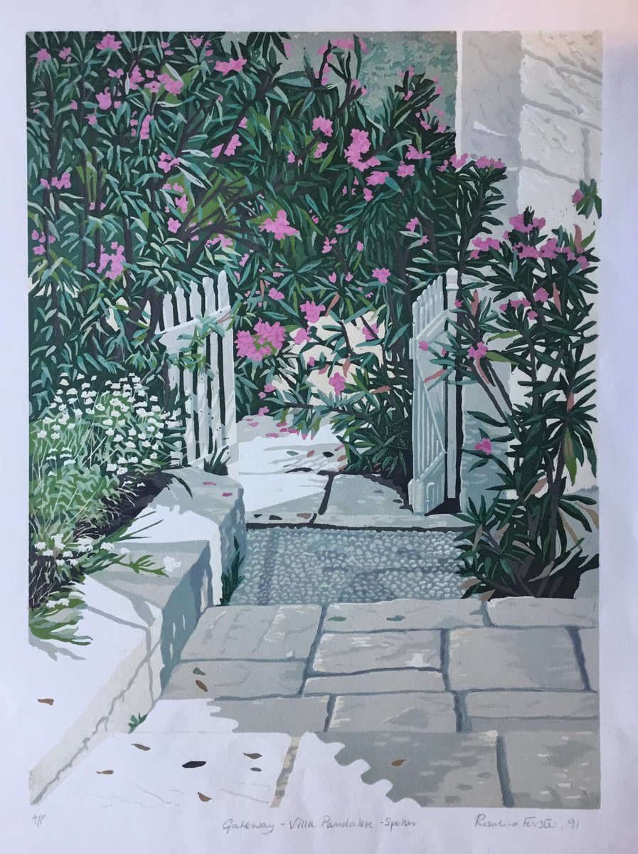 Botanical Linocut By Rosalind Forster, 17 X 22", Gateway Villa Pandalese Spetses, Original Artwork