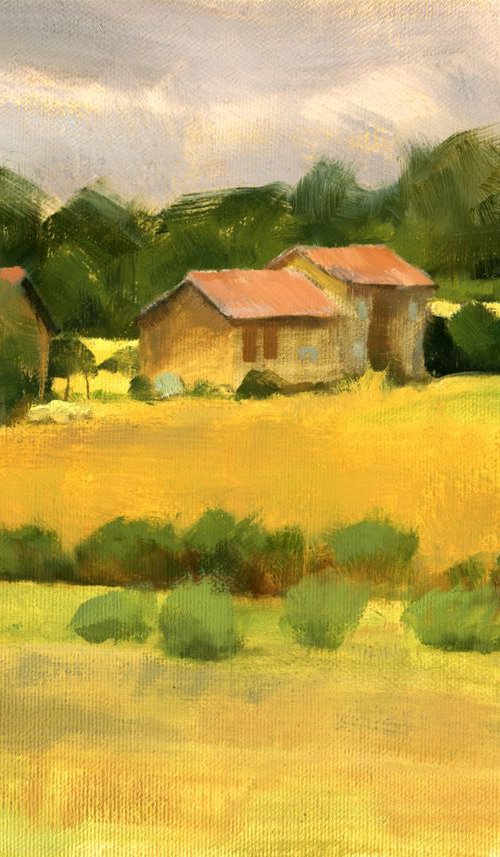 Rural French countryside, field trees and outbuildings by Gav Banns