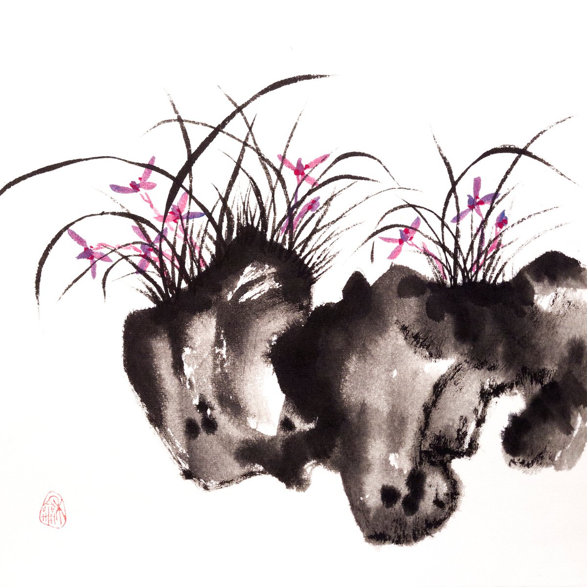 Impressionistic Botanical Ink Drawing By Ilana Shechter, 14 X 14, Wild Purple Orchids, Original Artwork