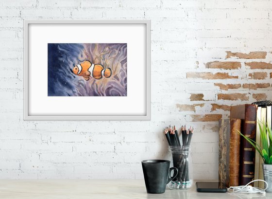 Nemofish underwater, coral reef life. Original artwork.