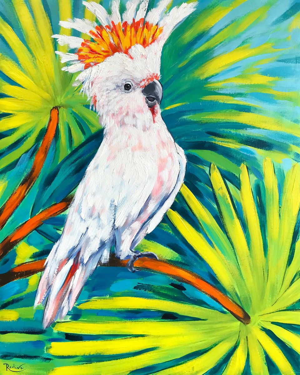 Impressionistic Animal Acrylic Painting By Irina Redine, 16 X 20, Australian Cockatoo, Original Artwork