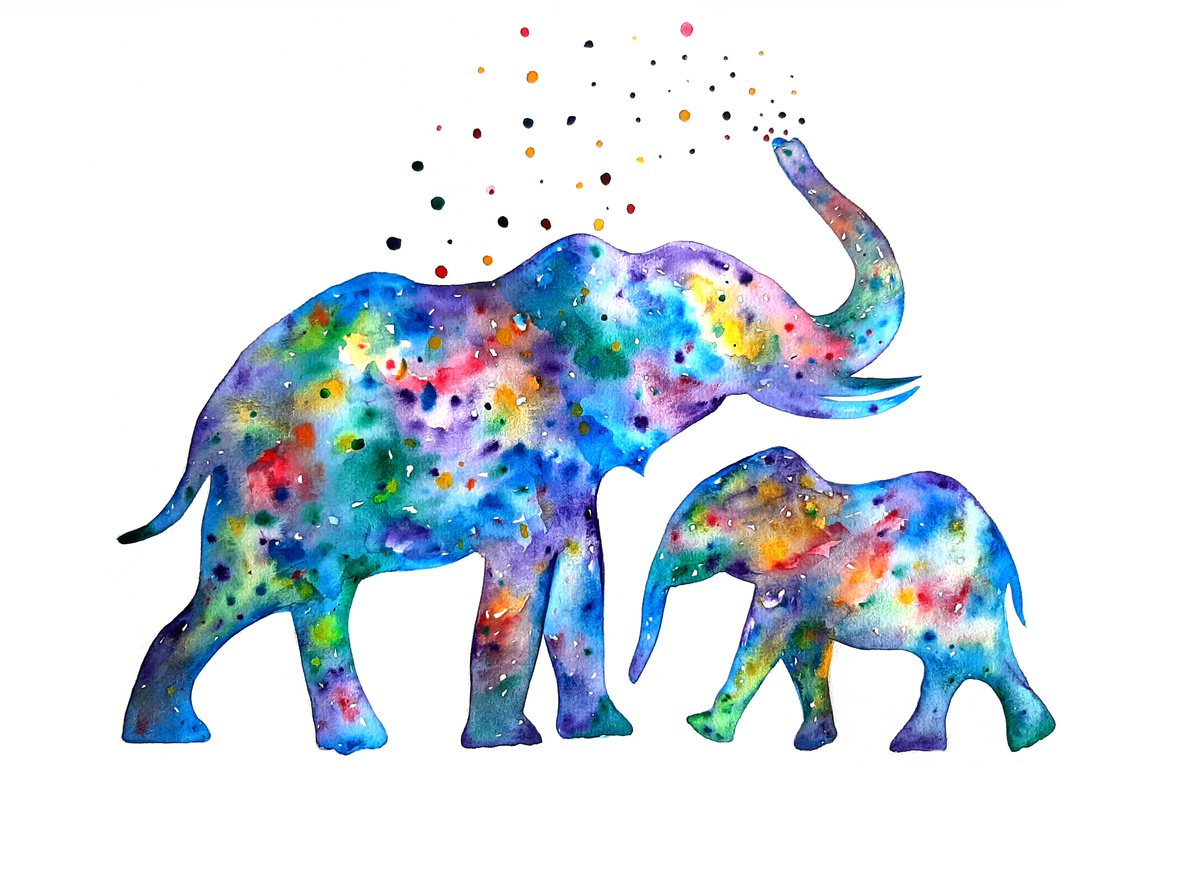 Impressionistic Watercolour , Family Of Elephants By Luba Ostroushko, 12 X 16, Artwork For Sale On Artfinder