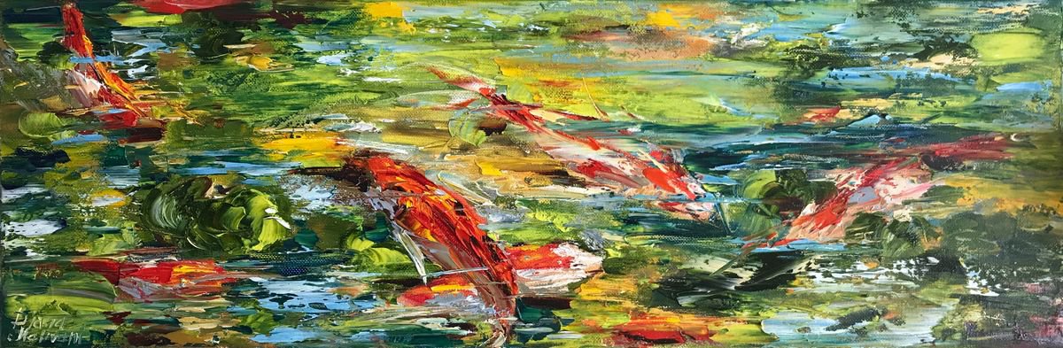 Impressionistic Landscape Oil Painting By Diana Malivani, 24 X 8, Fish, Original Artwork