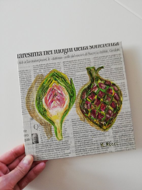 "Artichokes on Newspaper" Original Oil on Canvas Board Painting 8 by 8 inches (20x20 cm)