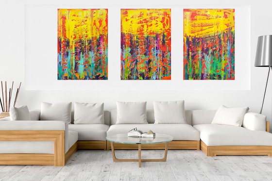 Rainy day in May - XXL triptych colorful palette knife painting