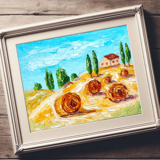 The haystacks, Tuscany Painting Original Art Haystack Artwork Field Wall Art Small Landscape Oil Painting