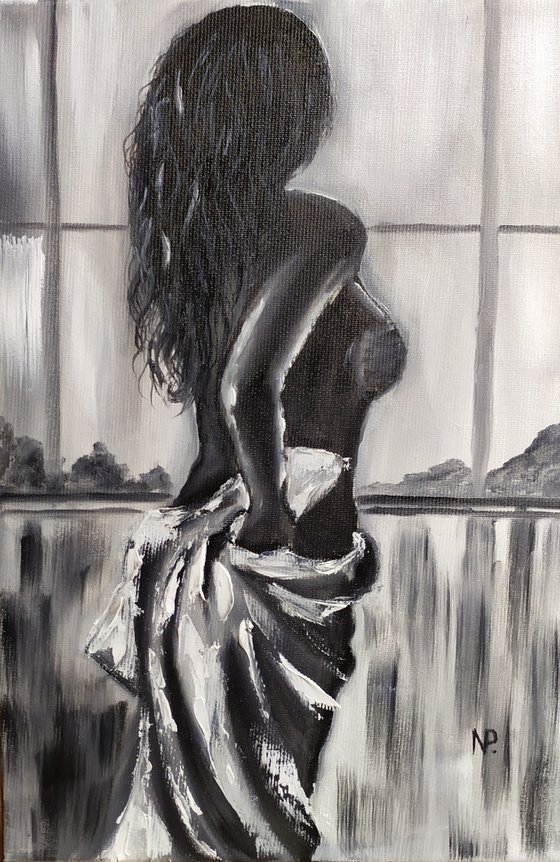 Looking so good, original nude erotic girl oil painting, impressionistic art