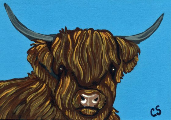 ACEO ATC Original Painting Highland Long Horn Cow Farmyard Art-Carla Smale