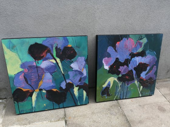 Irises violet with blue. Flower art