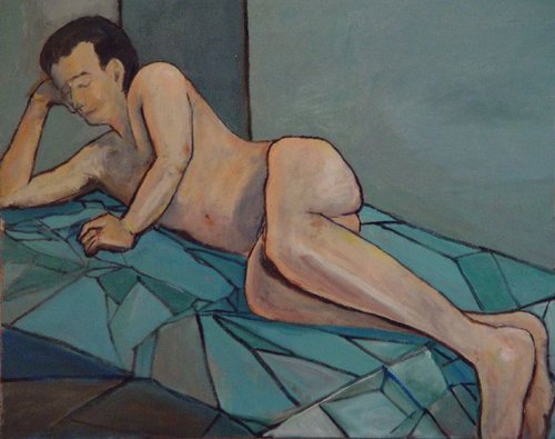 Nude Male Reclining on Blue Coverlet by Leon Sarantos