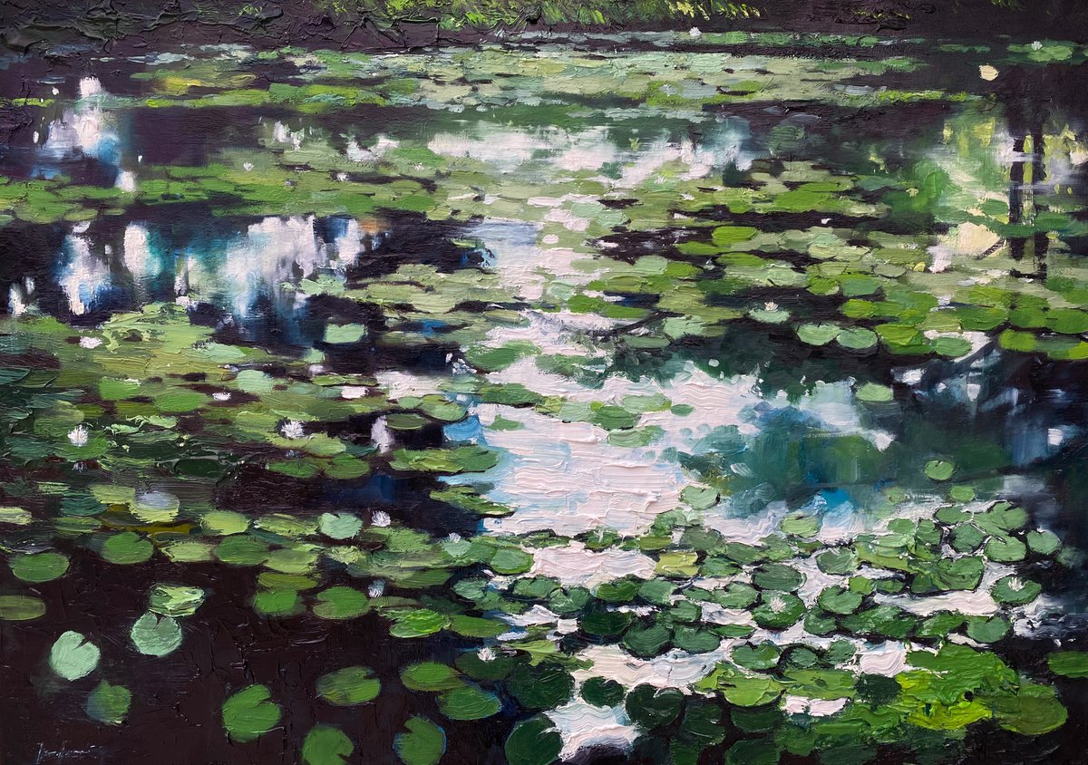 Water-Lilies pond-100x100cm large original oil painting by Artem Grunyka (2022) by Artem Grunyka