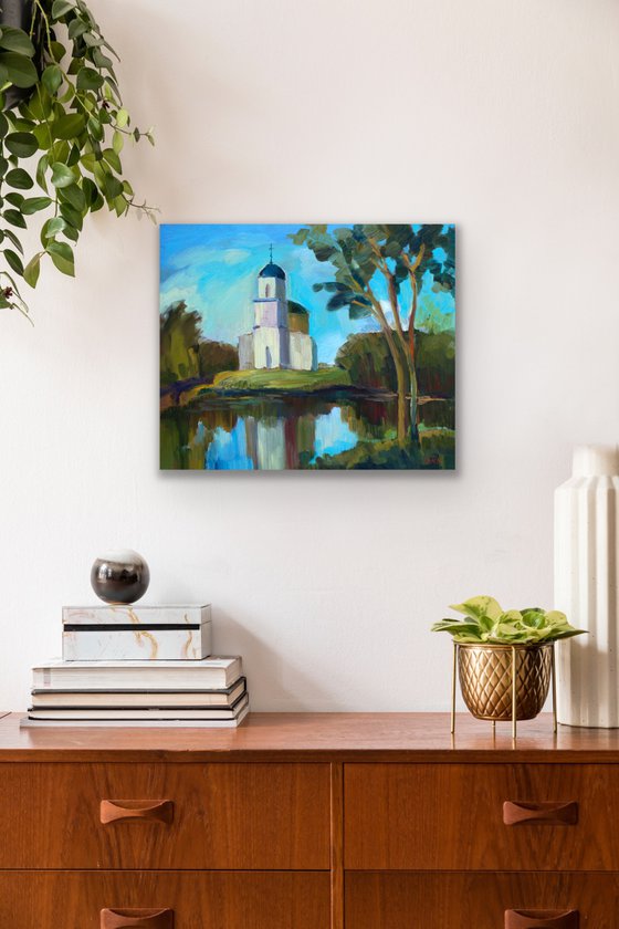 OLD CHURCH - one of a kind oil on canvas landscape church water home décor