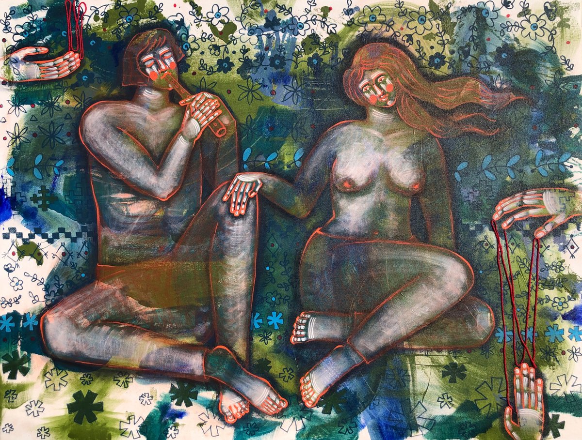 "The Forest Song" woman and man figurative painting by Yuliia Chaika