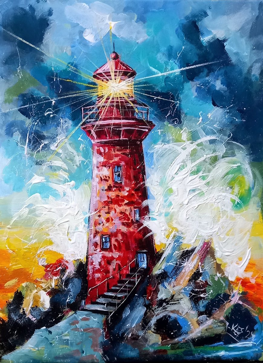 Impressionistic Landscape Acrylic Painting By Kovacs Anna Brigitta, 12 X 16", Lighthouse, Original Artwork