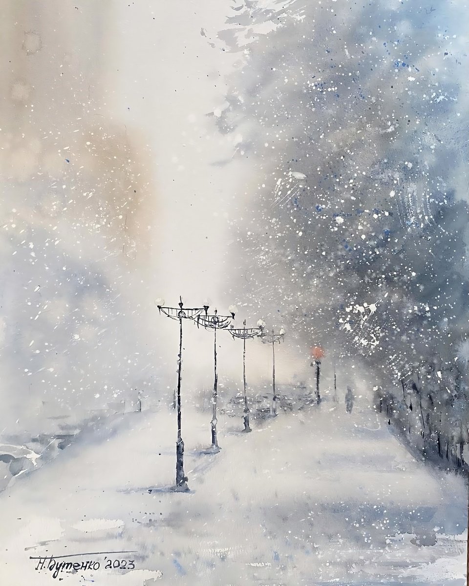 Illustrative Watercolour , Blizzard In The City By Natalia Butenko, 12 X 16, Artwork For Sale On Artfinder
