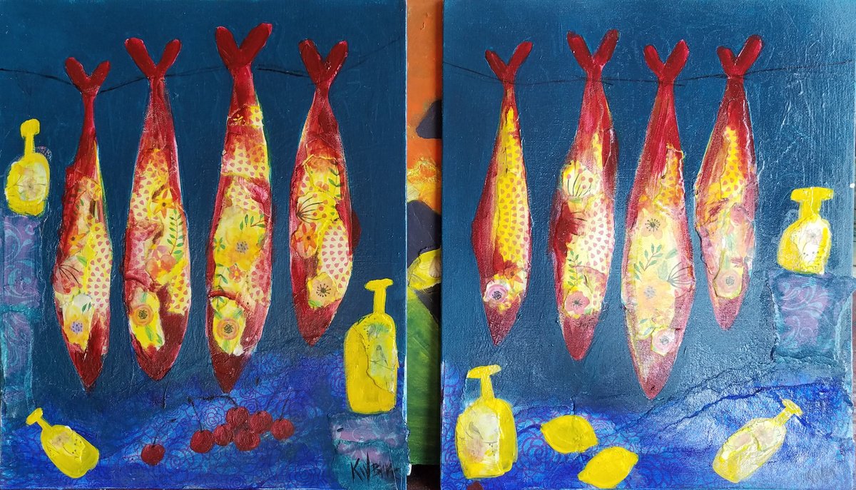 Impressionistic Still Life Painting By Kevin Blake, 22 X 12", Two Smoked Fish, Original Artwork