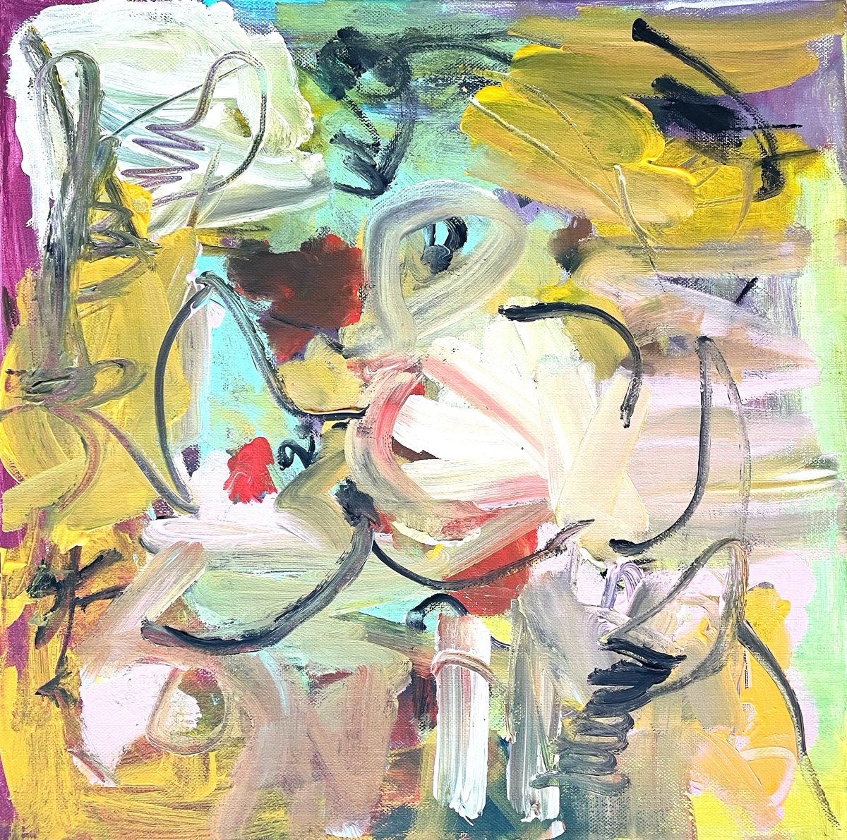 Expressive Abstract Acrylic Painting By Christel Haag, 16 X 16, Das Kuken Der Familie, Original Artwork