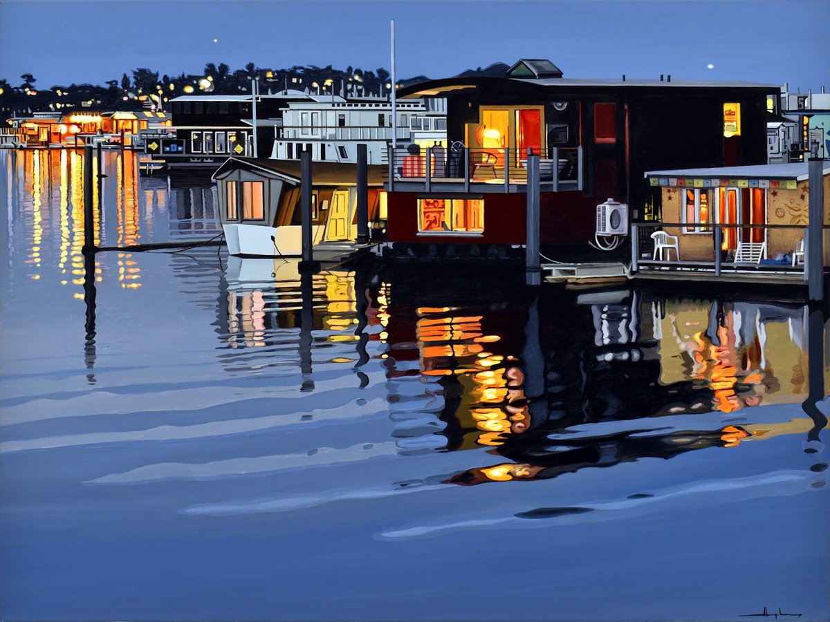 Photorealistic Landscape Acrylic Painting By Alex Nizovsky, 40 X 30, View From Otis Redding Dock, Original Artwork