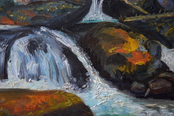 Oil painting Waterfall in High Tatras, Slovakia