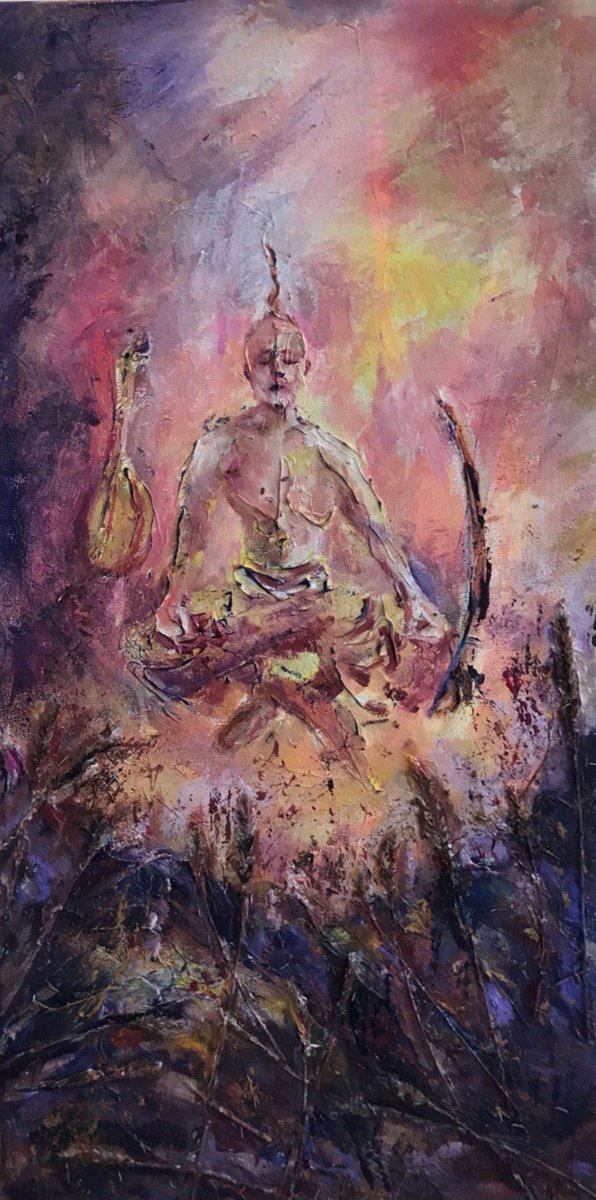 Abstract Portrait Acrylic Painting By Tetiana Pchelnykova, 12 X 24", Guardian Of The Steppe, Original Artwork