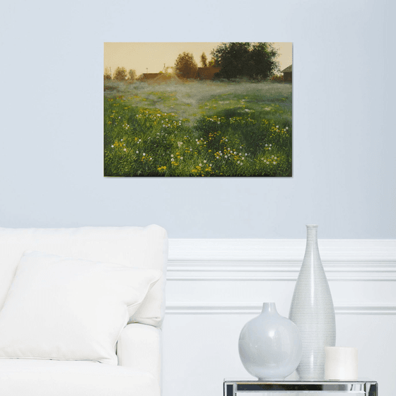 Dandelions Field, Misty Meadow Sunrise