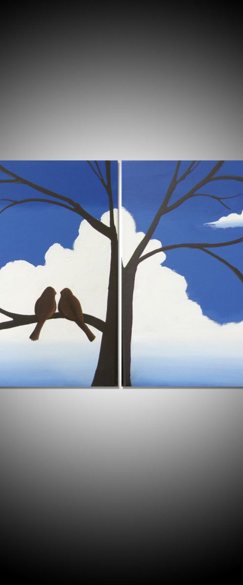 love bird abstract landscape original "Together Forever " painting art canvas - 40 x 16 inches romance  heart by Stuart Wright