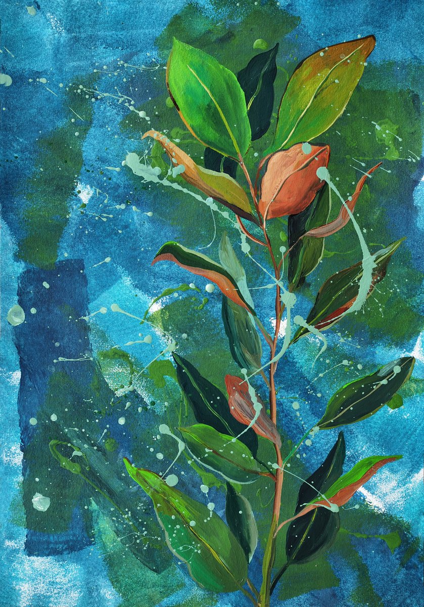 Impressionistic Botanical Acrylic Painting By Delnara El, 14 X 20, Expressive Ficus, Original Artwork