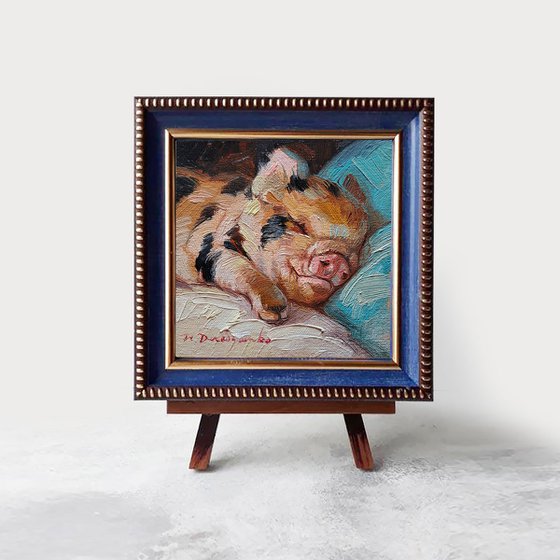 Pig painting original oil framed 4x4 inch, Small framed art beige black piggy artwork