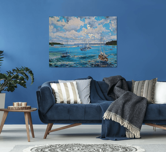 Morning on the bay (mixed-media, acrylic and gold leaf) (36x48x1.5")