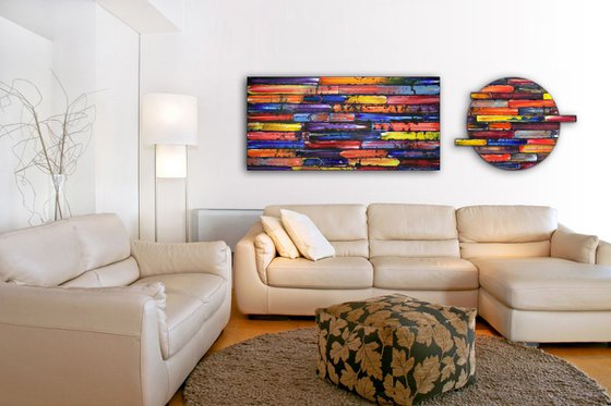 "Inseparable" - Save As A Series - Original PMS Sculptural Oil Painting Assemblage Diptych On Circular Wooden Panels - 79 x 24 inches