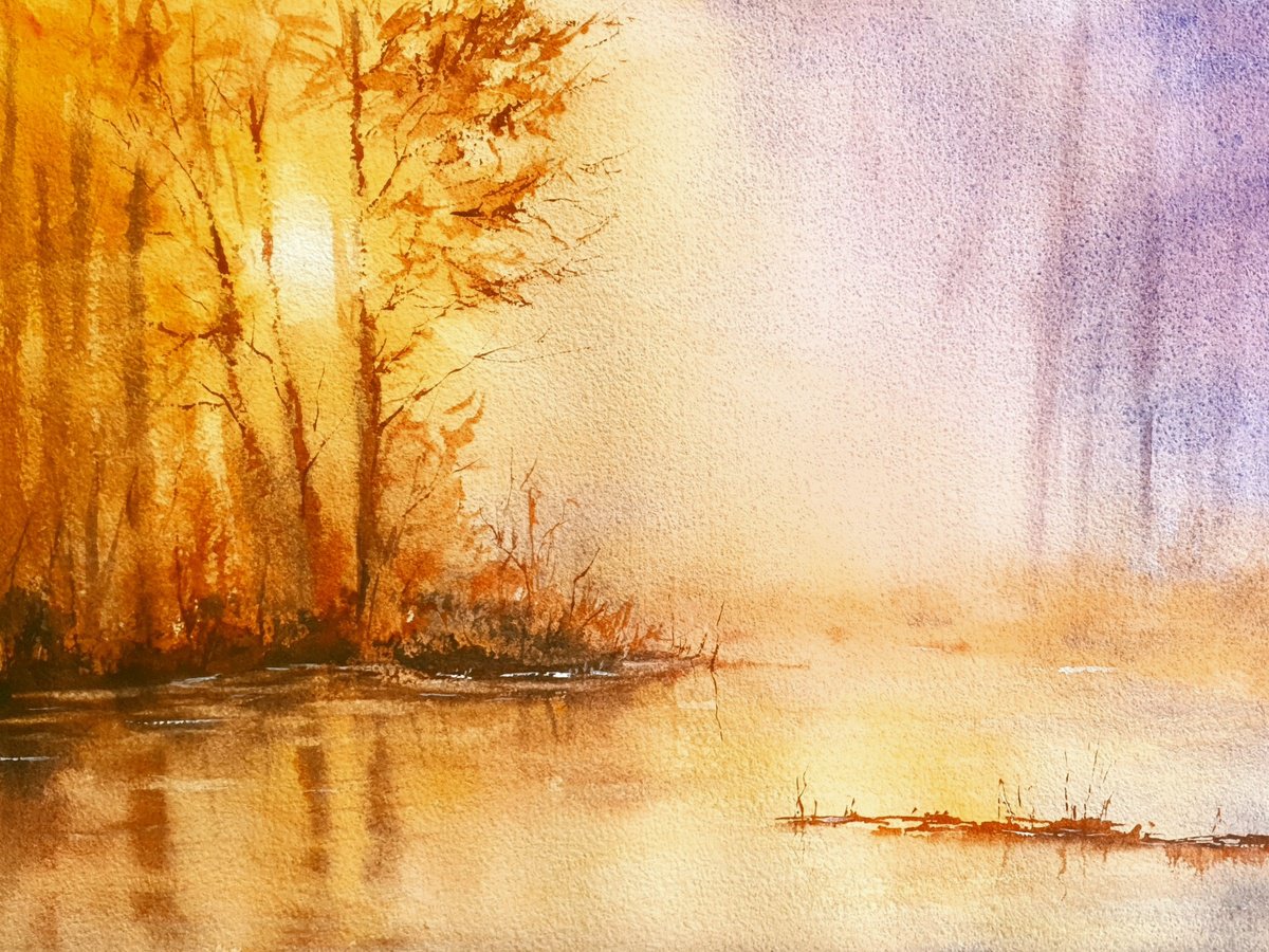Impressionistic Watercolour , Golden Dawn On The Lake By Charles Pierson, 15 X 11, Artwork For Sale On Artfinder