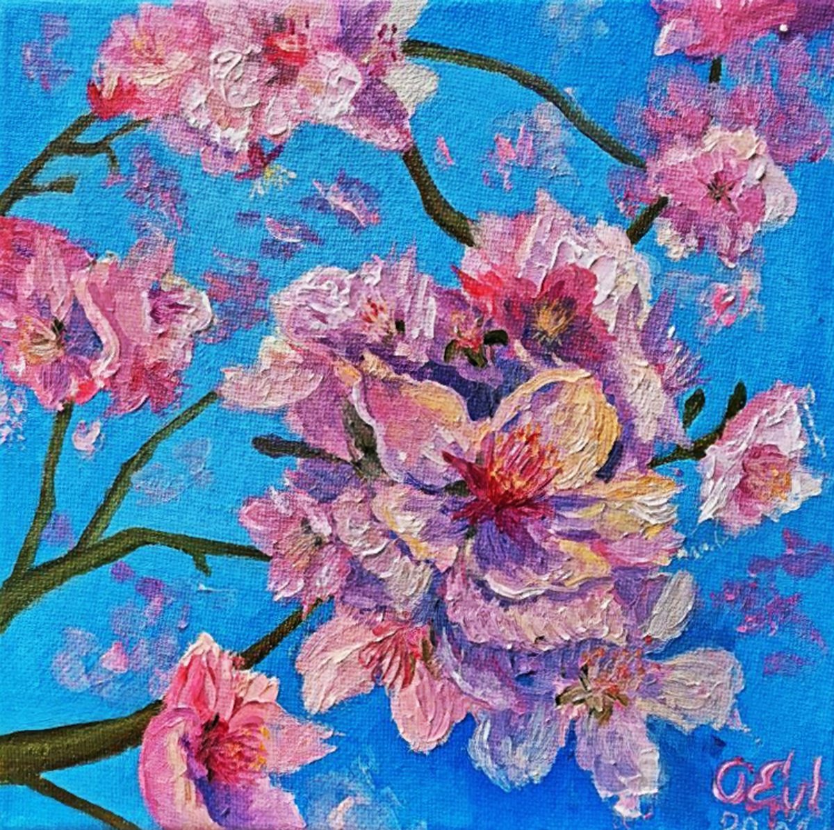 Impressionistic Botanical Oil Painting By Oksana Siciliana, 8 X 8", Almond Blossom, Original Artwork