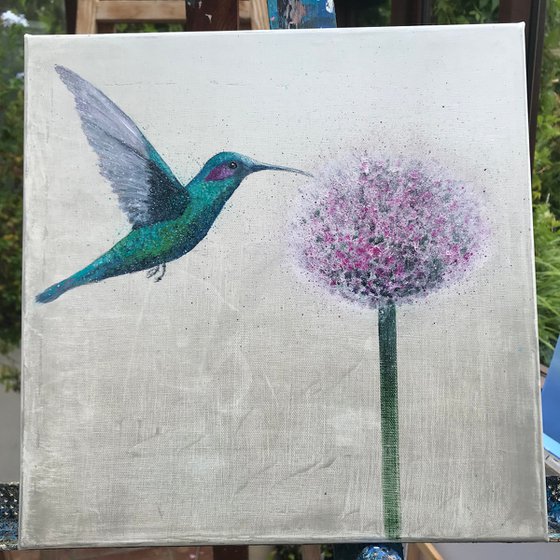 Hummingbird and Allium ~ on silver
