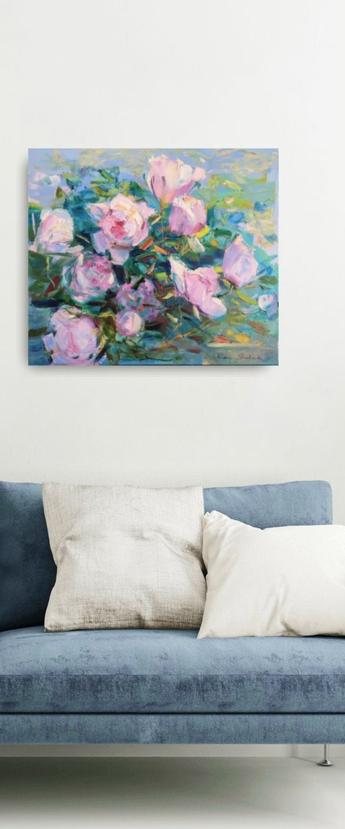 Peonies on blue a la prima by Helen Shukina