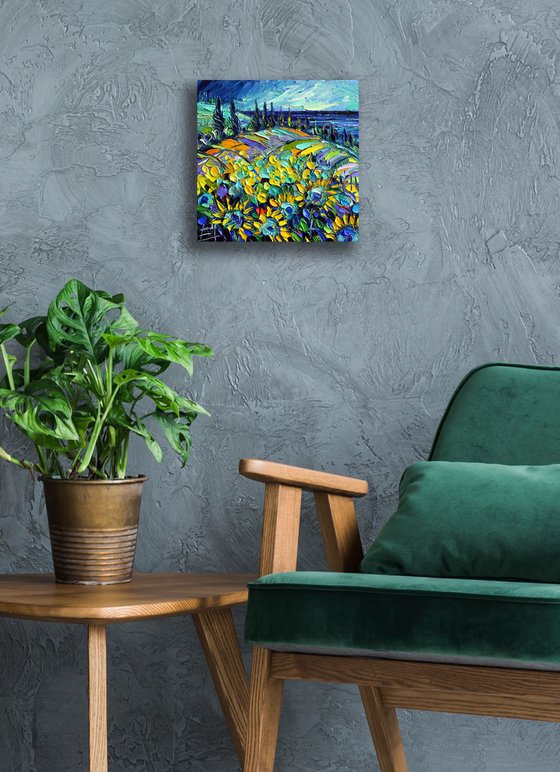 SUNFLOWERS FIELD BY THE SEA Modern Impressionist Impasto Palette Knife Oil Painting