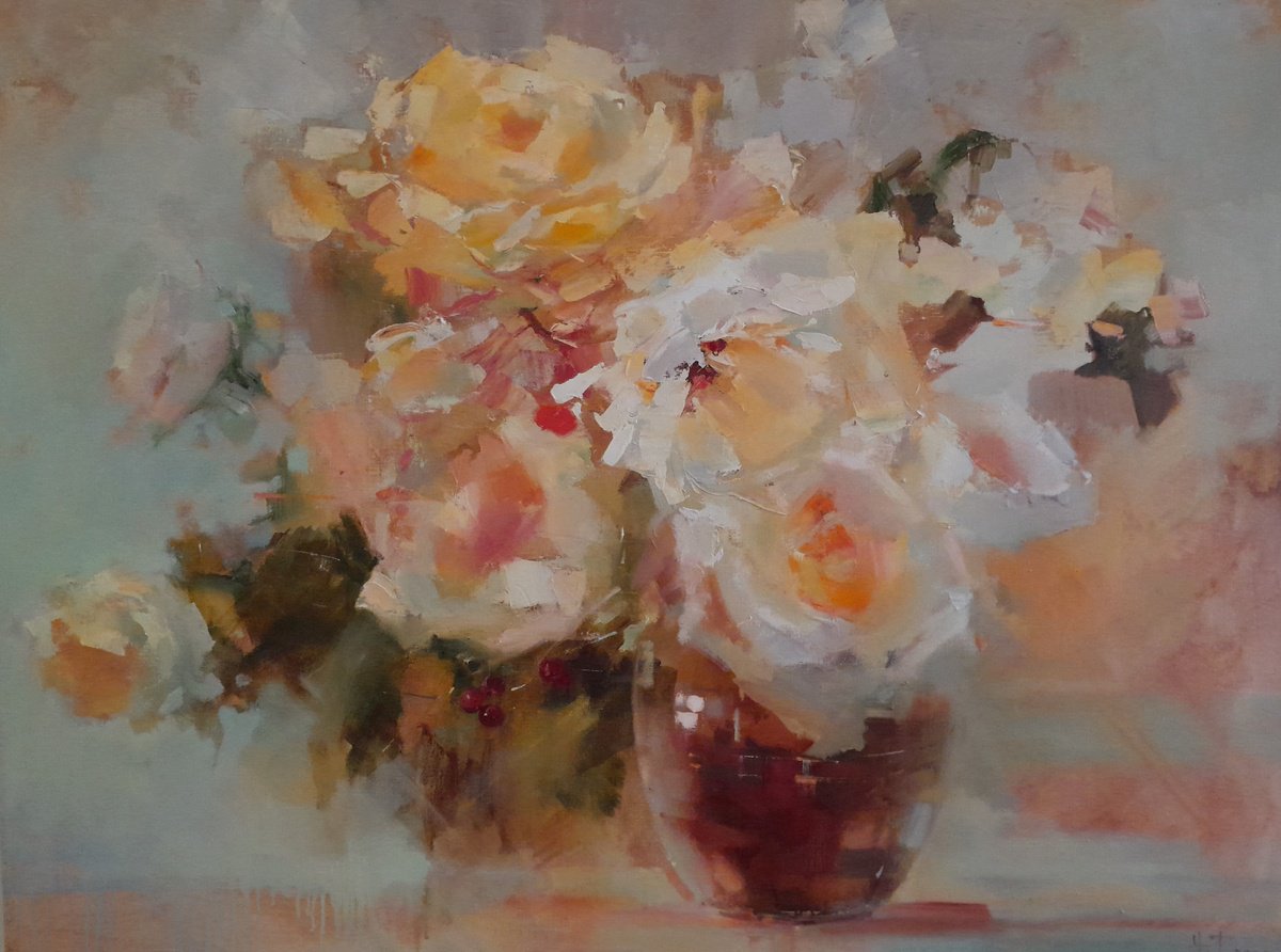 Impressionistic Botanical Oil Painting By Tatyana Barinova, 49 X 37", Appearance Of Beautiful Lady, Original Artwork