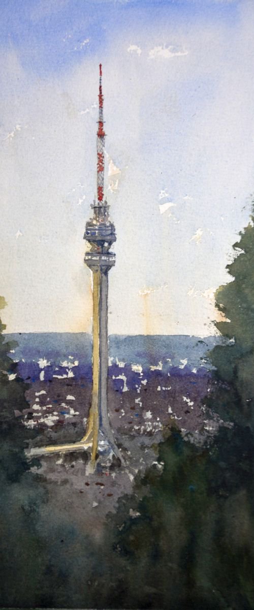 Avala tower Belgrade - original watercolor art by Nenad Kojić watercolorist