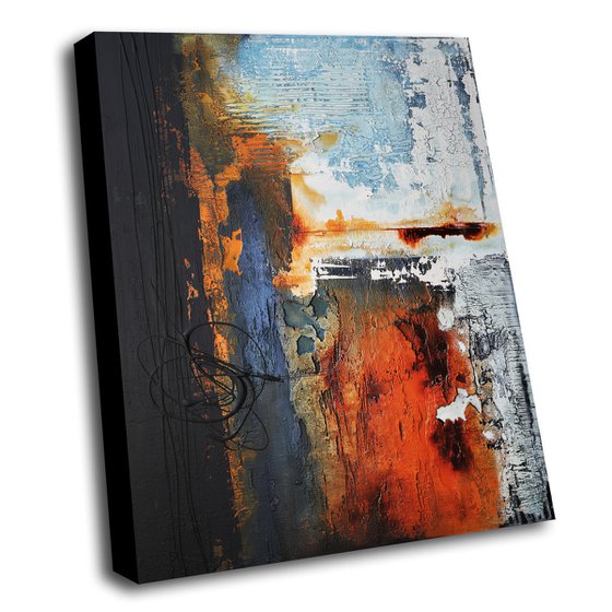 ABSTRACTION * 60 x 70 cms -  ABSTRACT ARTWORK - PAINTING - WITH STRUCTURES - OFF-WHITE BLUE RUST