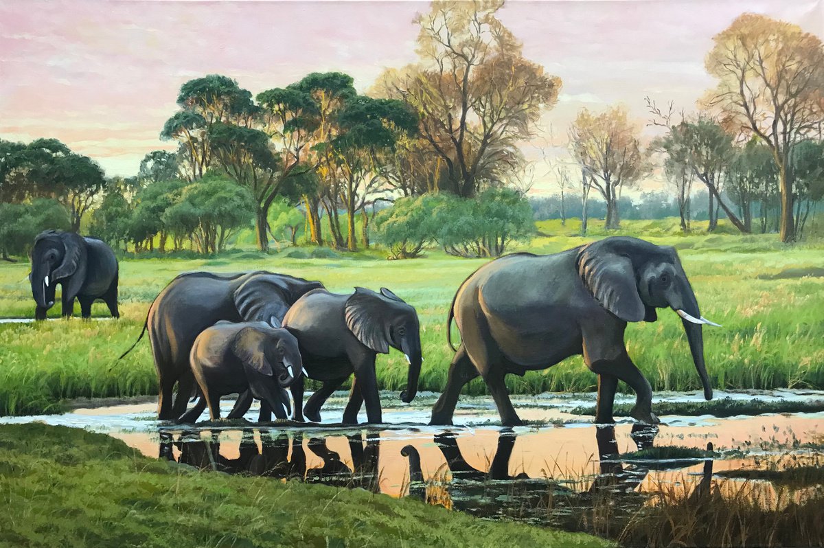 Original oil painting Elephants at sunset - 120x80 cm (2021) by Evgeniya Roslik