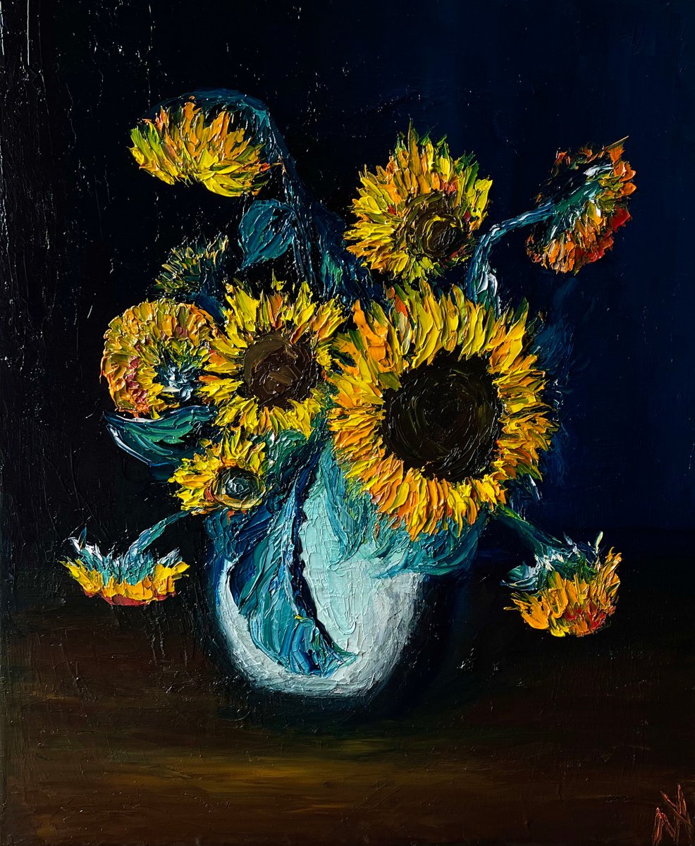 Sunflowers in white vase by Anastasiia Novitskaya