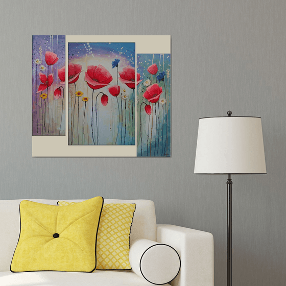 Red poppies (20x60 40x60 20x60cm, acrylic painting, triptych, colors)