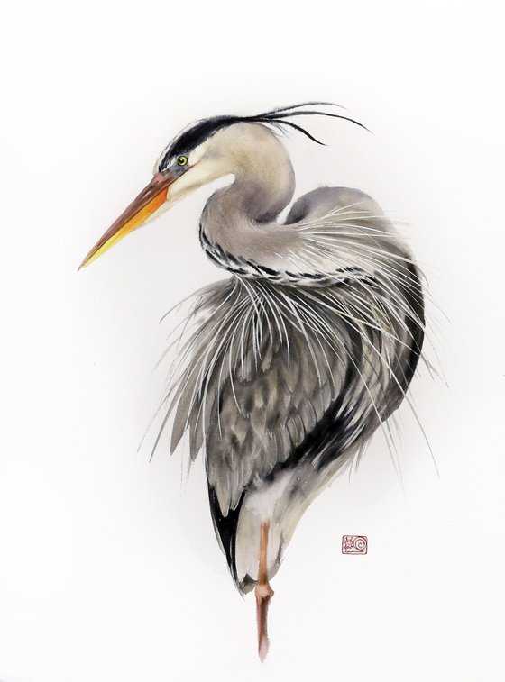 Dapper Bird  - Grey heron  - Great Blue Heron - bird painting -  heron