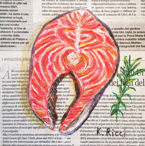 "Salmon Slice on Newspaper" Original Oil on Canvas Board Painting 6 by 6"(15x15cm) by Katia Ricci