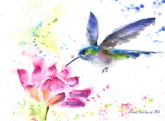 Hummingbird illustration original watercolor painting, bright bird artworc, impressionistic wall art